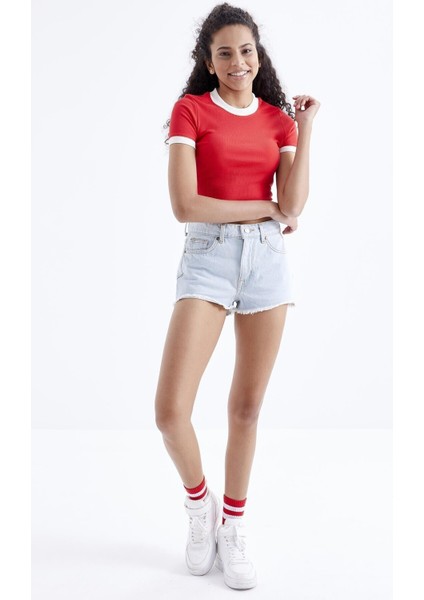 Nar Çiçeği Basic Kol Detaylı O Yaka Kadın Crop Top T-Shirt - 97200