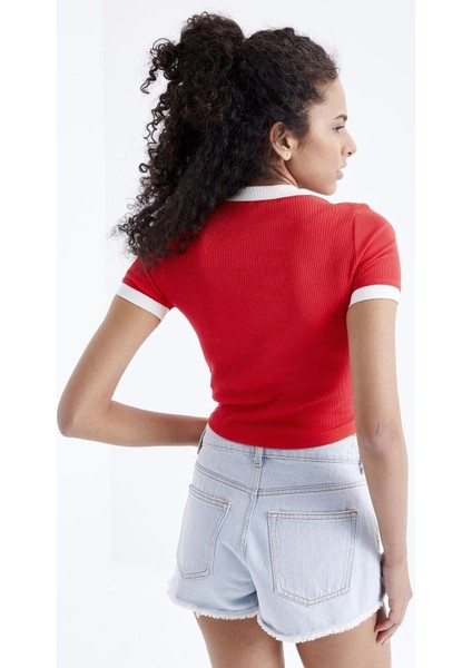 Nar Çiçeği Basic Kol Detaylı O Yaka Kadın Crop Top T-Shirt - 97200