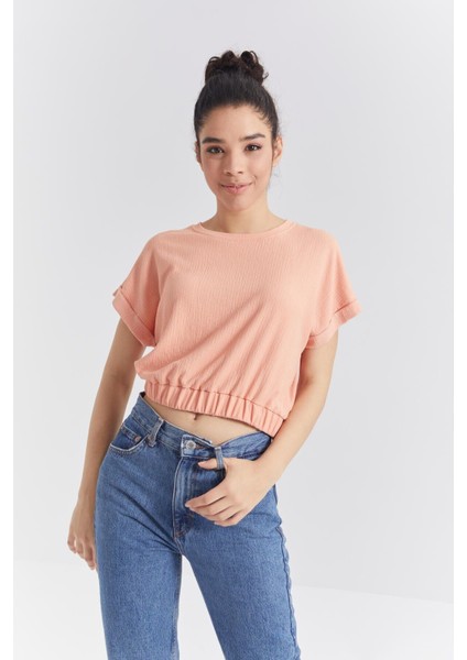 Kavun Içi Basic O Yaka Beli Lastikli Bürümcük Kumaş Kadın Crop Top T-Shirt - 97227