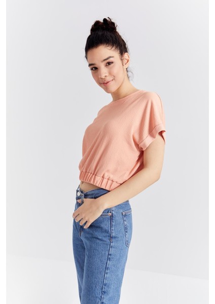 Kavun Içi Basic O Yaka Beli Lastikli Bürümcük Kumaş Kadın Crop Top T-Shirt - 97227