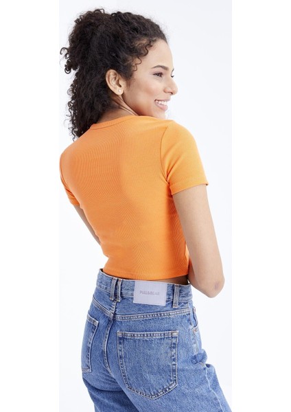 Oranj Basic Önü Yırtmaçlı V Yaka Kadın Crop Top T-Shirt - 97206