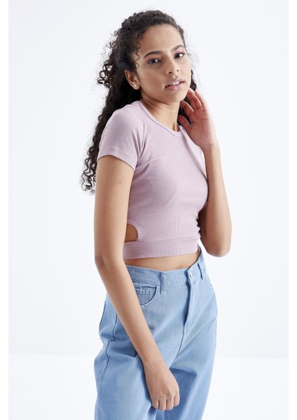 Gül Kurusu Basic Yanı Pencereli O Yaka Kadın Crop Top T-Shirt - 97207