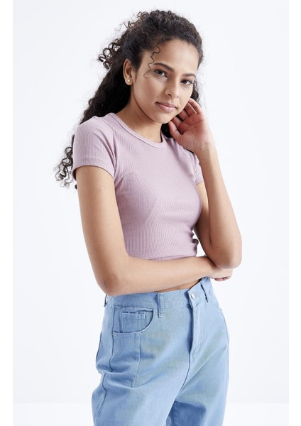 Gül Kurusu Basic Yanı Pencereli O Yaka Kadın Crop Top T-Shirt - 97207
