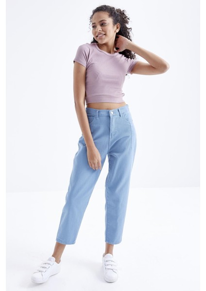 Gül Kurusu Basic Yanı Pencereli O Yaka Kadın Crop Top T-Shirt - 97207