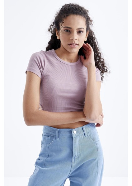 Gül Kurusu Basic Yanı Pencereli O Yaka Kadın Crop Top T-Shirt - 97207