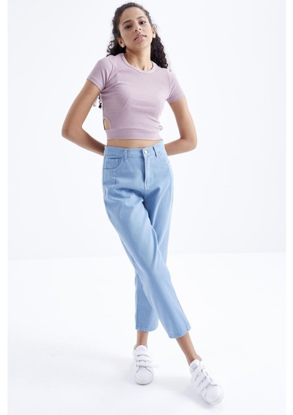 Gül Kurusu Basic Yanı Pencereli O Yaka Kadın Crop Top T-Shirt - 97207