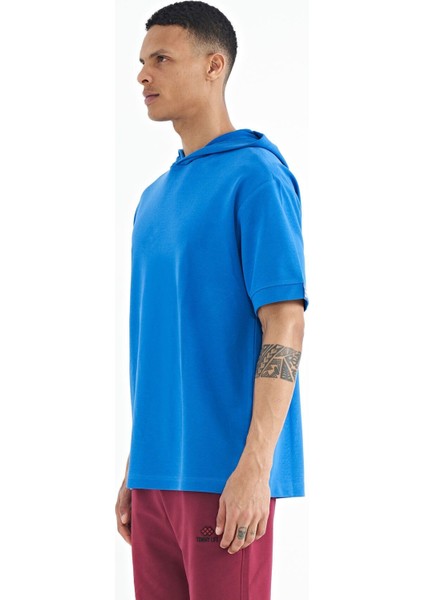 Saks Kapüşonlu Kol Etiket Detaylı Oversize Erkek T-shirt - 88179