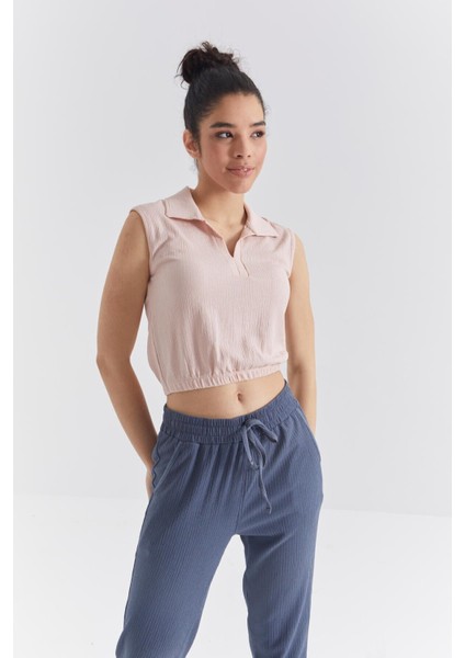 Somon Polo Yaka Beli Lastikli Bürümcük Kumaş Kadın Crop Top T-Shirt - 97223