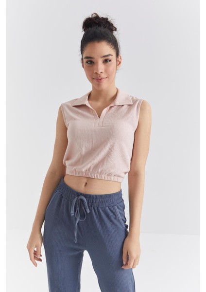 Somon Polo Yaka Beli Lastikli Bürümcük Kumaş Kadın Crop Top T-Shirt - 97223