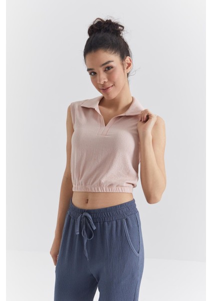 Somon Polo Yaka Beli Lastikli Bürümcük Kumaş Kadın Crop Top T-Shirt - 97223