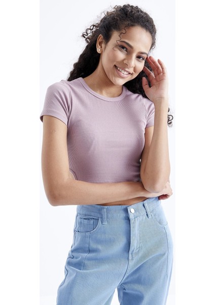 Gül Kurusu Basic Yanı Pencereli O Yaka Kadın Crop Top T-Shirt - 97207