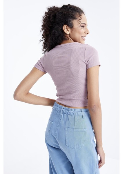 Gül Kurusu Basic Yanı Pencereli O Yaka Kadın Crop Top T-Shirt - 97207