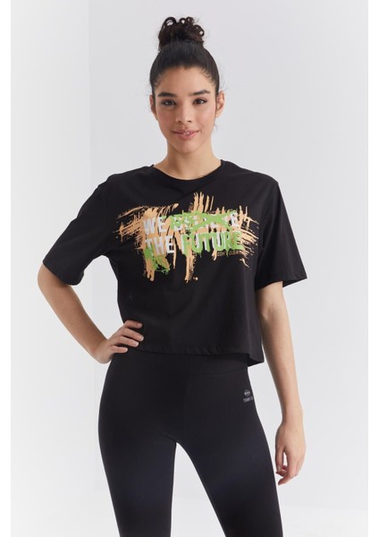 Siyah Renkli Yazı Baskılı O Yaka Kadın Oversize T-Shirt - 97212
