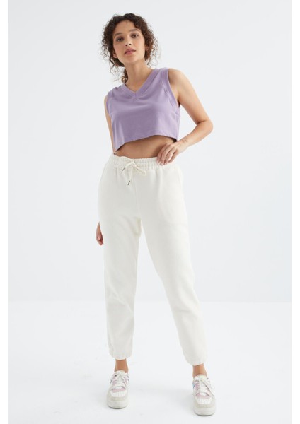 Ekru Yüksek Bel Basic Bağcıklı Jogger Polar Kadın Eşofman Alt - 94622