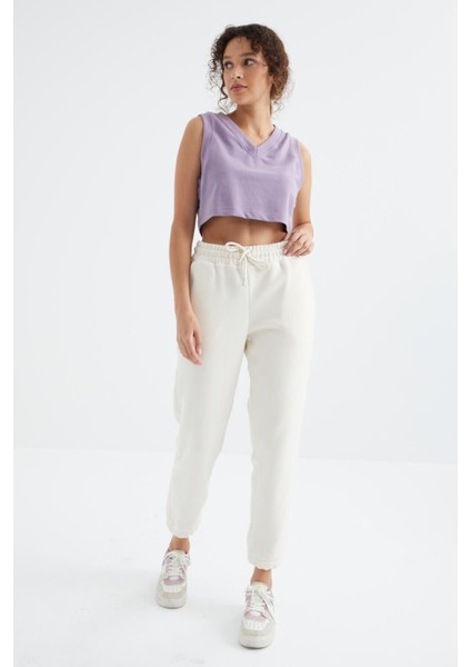 Ekru Yüksek Bel Basic Bağcıklı Jogger Polar Kadın Eşofman Alt - 94622