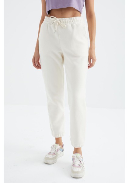 Ekru Yüksek Bel Basic Bağcıklı Jogger Polar Kadın Eşofman Alt - 94622