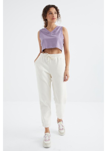 Ekru Yüksek Bel Basic Bağcıklı Jogger Polar Kadın Eşofman Alt - 94622
