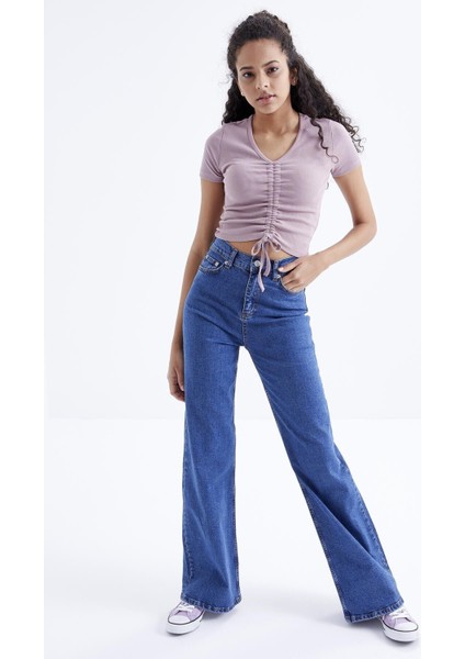 Gül Kurusu Büzgü Detaylı V Yaka Kadın Crop Top T-Shirt - 97205