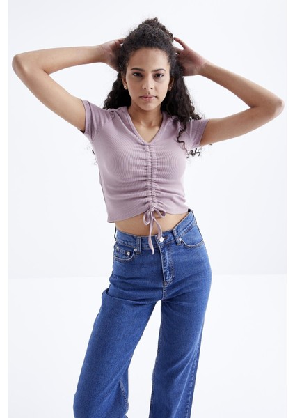 Gül Kurusu Büzgü Detaylı V Yaka Kadın Crop Top T-Shirt - 97205