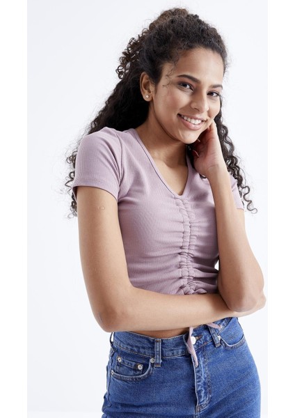 Gül Kurusu Büzgü Detaylı V Yaka Kadın Crop Top T-Shirt - 97205