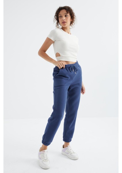 İndigo Yüksek Bel Basic Bağcıklı Jogger Polar Kadın Eşofman Alt - 94622