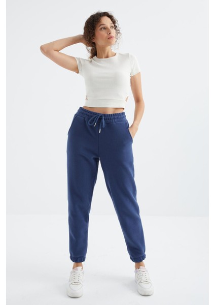 İndigo Yüksek Bel Basic Bağcıklı Jogger Polar Kadın Eşofman Alt - 94622