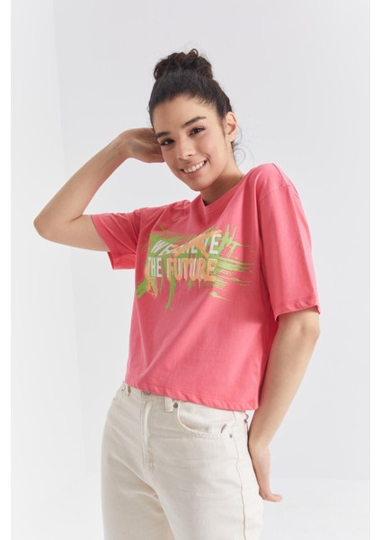 Rose Renkli Yazı Baskılı O Yaka Kadın Oversize T-Shirt - 97212