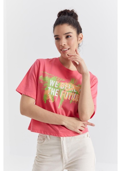 Rose Renkli Yazı Baskılı O Yaka Kadın Oversize T-Shirt - 97212