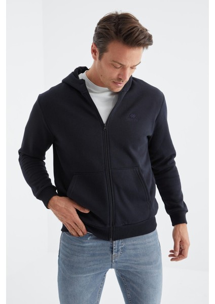 Lacivert Basic Kapüşonlu Rahat Form Nakış Detaylı Fermuarlı Erkek Sweatshirt - 88035