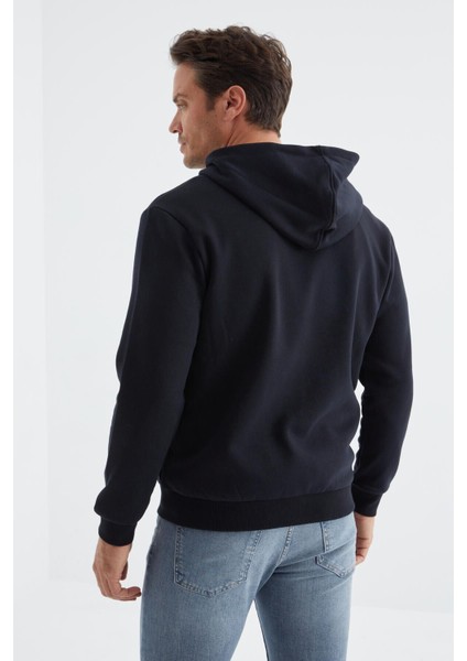 Lacivert Basic Kapüşonlu Rahat Form Nakış Detaylı Fermuarlı Erkek Sweatshirt - 88035