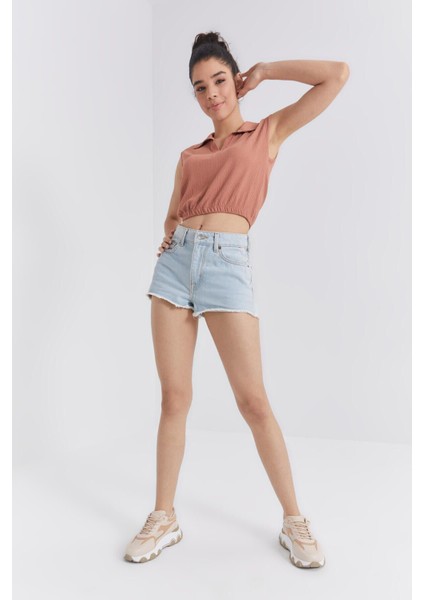 Tarçın Polo Yaka Beli Lastikli Bürümcük Kumaş Kadın Crop Top T-Shirt - 97223
