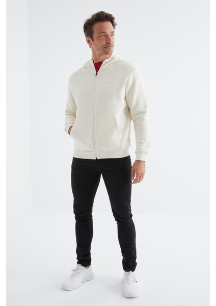 Tommy Life Ekru Basic Kapüşonlu Rahat Form Nakış Detaylı Fermuarlı Erkek Sweatshirt - 88035