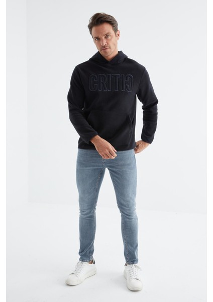 Lacivert Yazı Nakışlı Kanguru Cepli Kapüşonlu Standart Kalıp Erkek Polar Sweatshirt - 88156