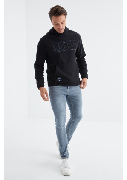 Lacivert Yazı Nakışlı Kanguru Cepli Kapüşonlu Standart Kalıp Erkek Polar Sweatshirt - 88156