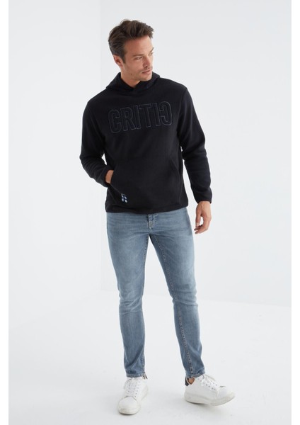 Lacivert Yazı Nakışlı Kanguru Cepli Kapüşonlu Standart Kalıp Erkek Polar Sweatshirt - 88156