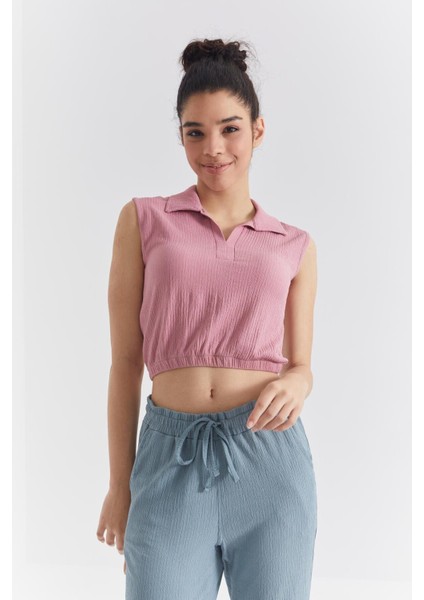 Gül Kurusu Polo Yaka Beli Lastikli Bürümcük Kumaş Kadın Crop Top T-Shirt - 97223