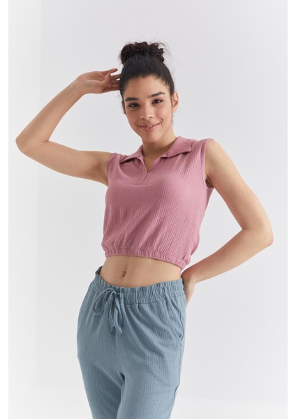 Gül Kurusu Polo Yaka Beli Lastikli Bürümcük Kumaş Kadın Crop Top T-Shirt - 97223