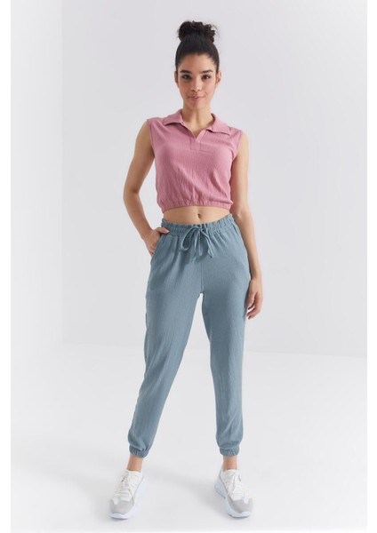 Gül Kurusu Polo Yaka Beli Lastikli Bürümcük Kumaş Kadın Crop Top T-Shirt - 97223