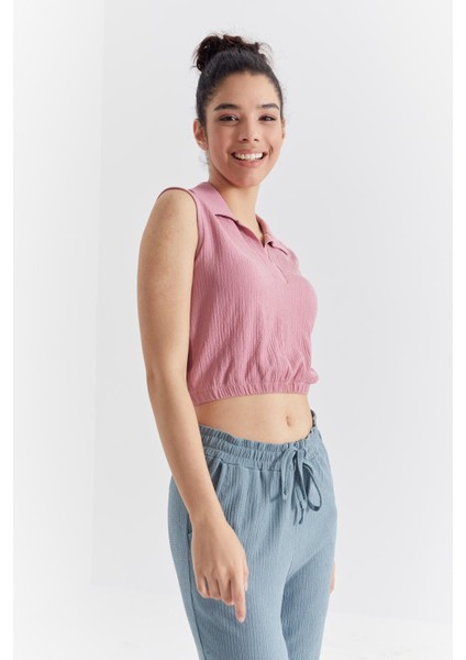 Gül Kurusu Polo Yaka Beli Lastikli Bürümcük Kumaş Kadın Crop Top T-Shirt - 97223
