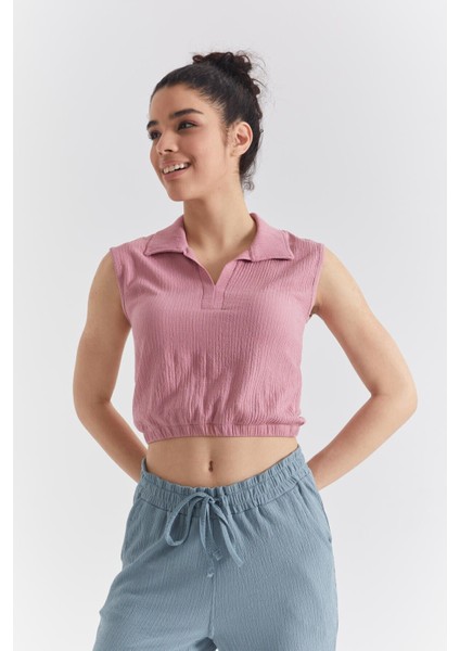 Gül Kurusu Polo Yaka Beli Lastikli Bürümcük Kumaş Kadın Crop Top T-Shirt - 97223