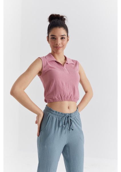 Gül Kurusu Polo Yaka Beli Lastikli Bürümcük Kumaş Kadın Crop Top T-Shirt - 97223