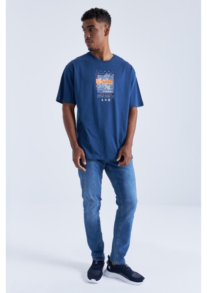 İndigo Baskı Detaylı O Yaka Erkek Oversize T-Shirt - 88094