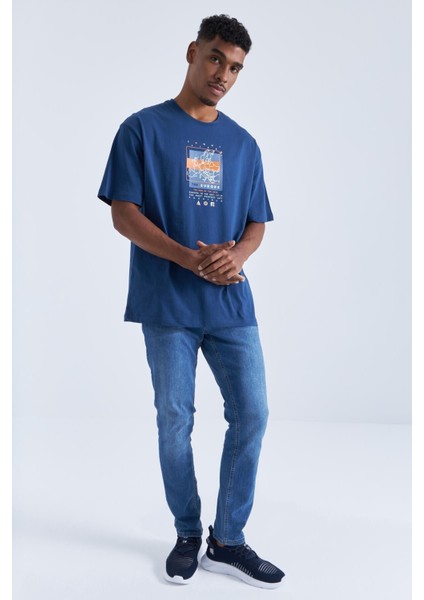 İndigo Baskı Detaylı O Yaka Erkek Oversize T-Shirt - 88094