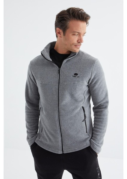 Gri Melanj Fermuarlı Dik Yaka Standart Kalıp Erkek Polar Sweatshirt - 88134