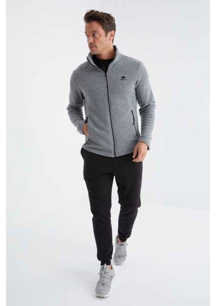 Gri Melanj Fermuarlı Dik Yaka Standart Kalıp Erkek Polar Sweatshirt - 88134