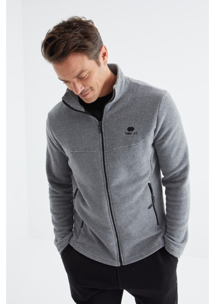 Gri Melanj Fermuarlı Dik Yaka Standart Kalıp Erkek Polar Sweatshirt - 88134