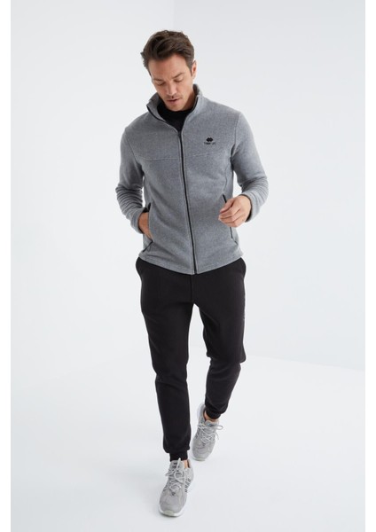 Gri Melanj Fermuarlı Dik Yaka Standart Kalıp Erkek Polar Sweatshirt - 88134
