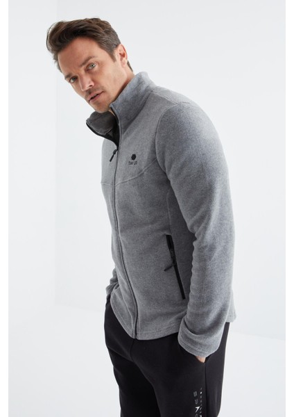 Gri Melanj Fermuarlı Dik Yaka Standart Kalıp Erkek Polar Sweatshirt - 88134