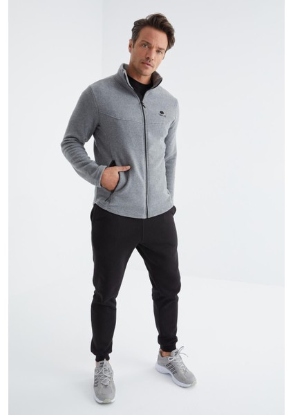 Gri Melanj Fermuarlı Dik Yaka Standart Kalıp Erkek Polar Sweatshirt - 88134