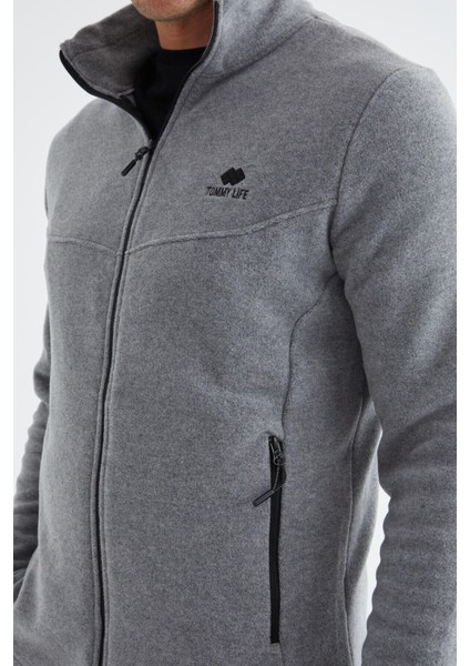 Gri Melanj Fermuarlı Dik Yaka Standart Kalıp Erkek Polar Sweatshirt - 88134